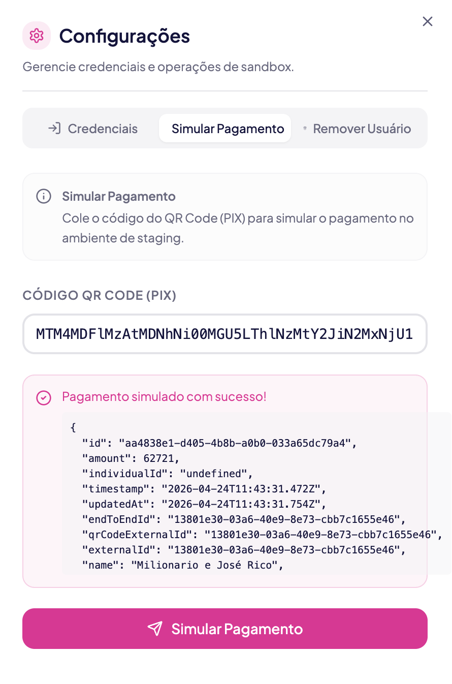 Modal de Simular Pagamento com mensagem 'Pagamento simulado com sucesso' e payload JSON da transação