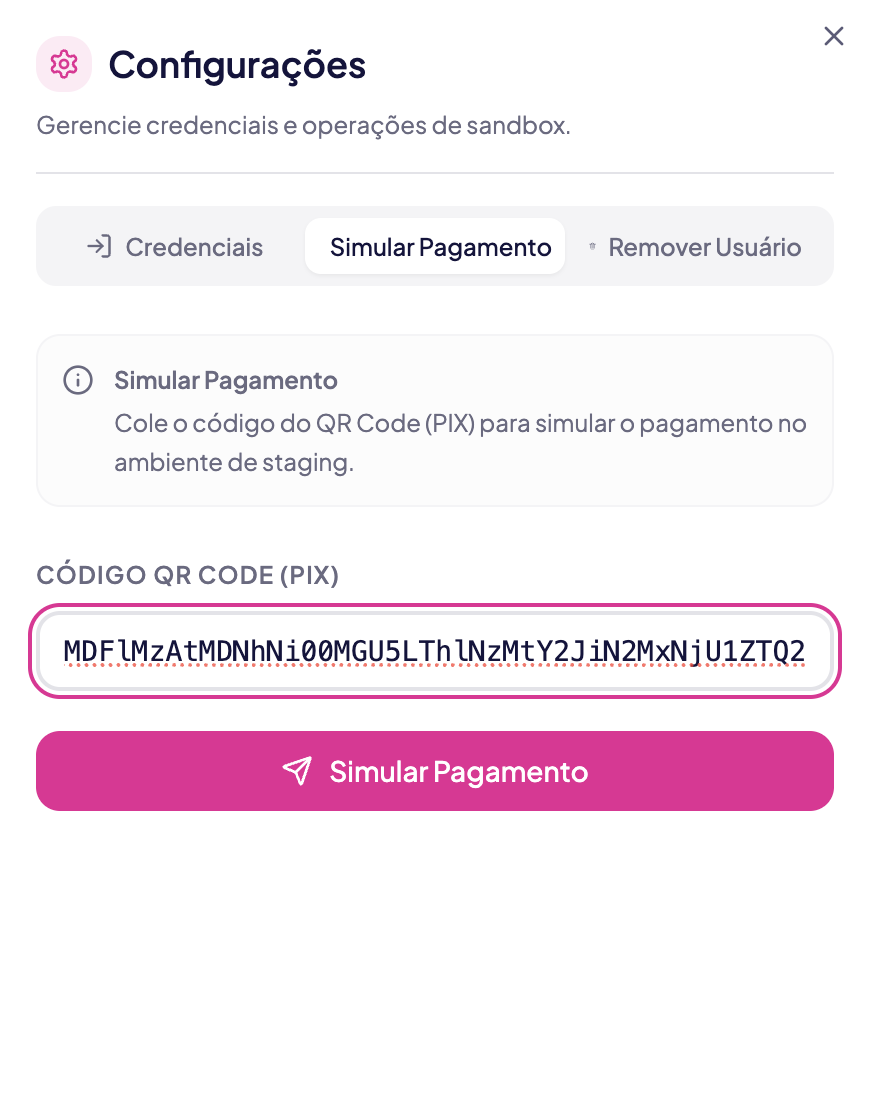 Modal Configurações com aba Simular Pagamento e campo para colar o código Pix