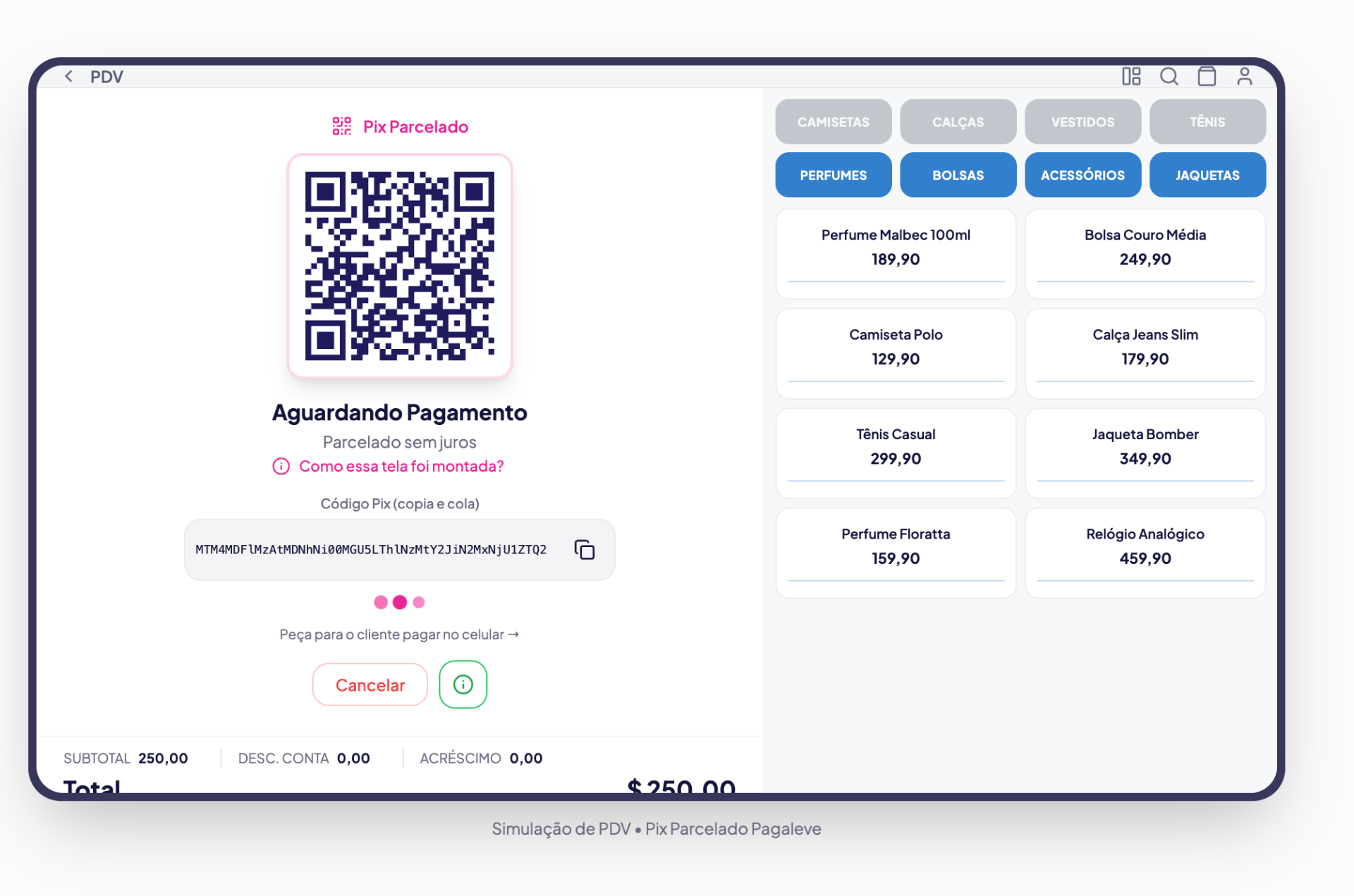 Tela com QR Code Pix, código copia-e-cola e mensagem 'Aguardando Pagamento'
