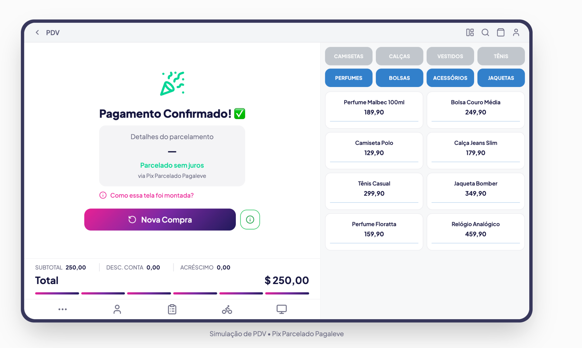 Tela de Pagamento Confirmado com detalhes do parcelamento sem juros via Parcelamento via Pix Pagaleve