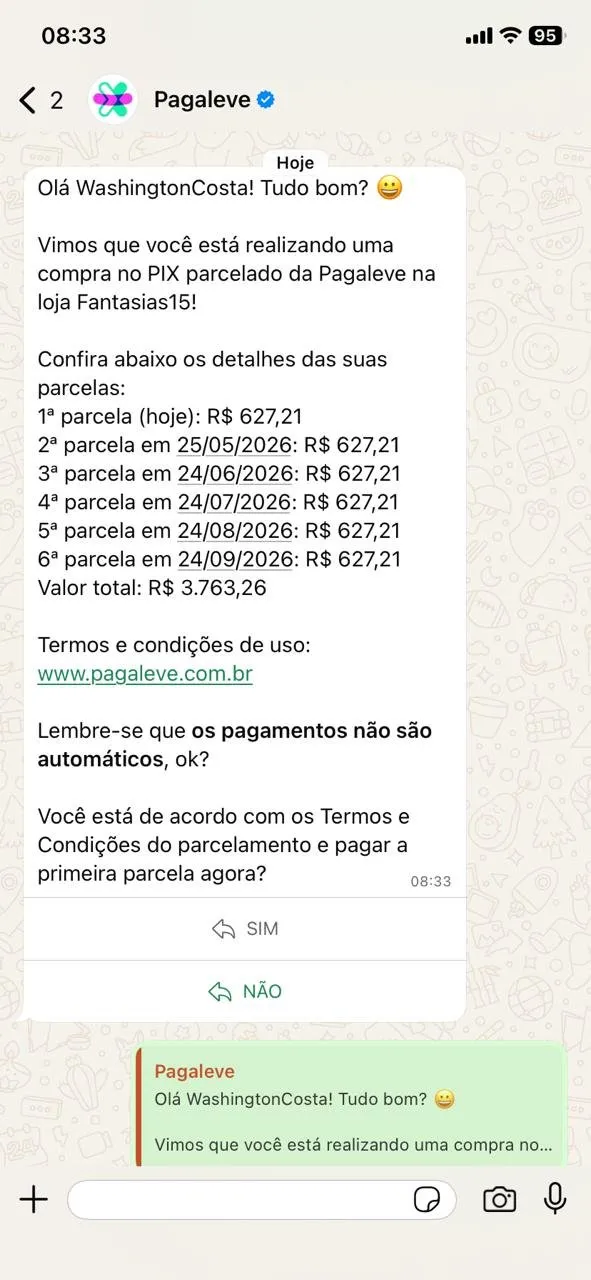 Mensagem da Pagaleve no WhatsApp do cliente com os termos do parcelamento e botões SIM/NÃO